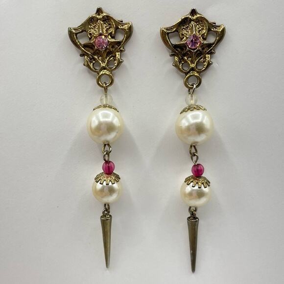 Vintage Style Gold Tone Faux Pearl Dangle Earrings Victorian Pierced - Picture 1 of 6